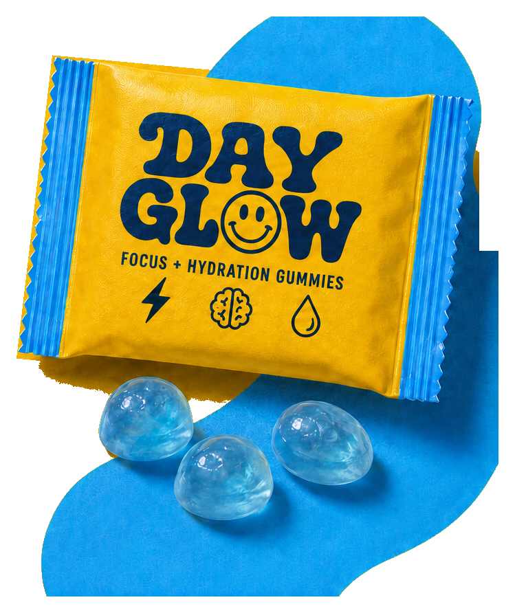 Day Glow daily pack with three red raspberry lemonade smiley gummies