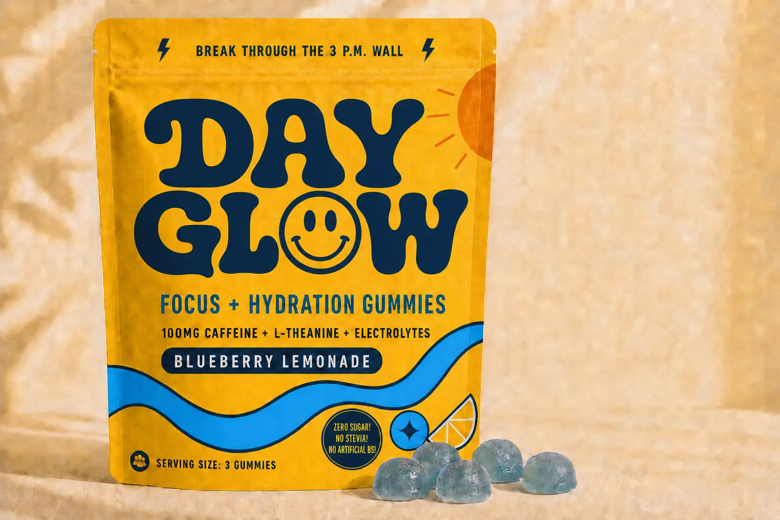 Front of the Day Glow Raspberry Lemonade afternoon focus gummies pouch